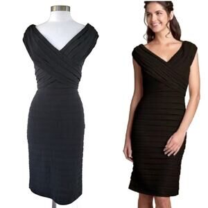 TADASHI SHOJI Black Jersey Shutter Pleated V-neck Cocktail Party Dress Small